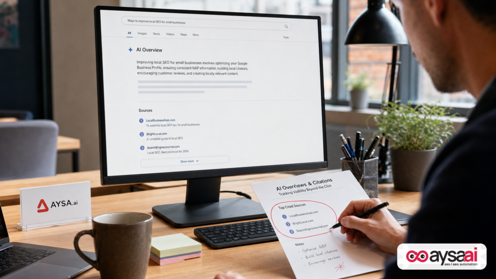 A strategist reviewing a branded search results mock with an AI summary module and citations list.