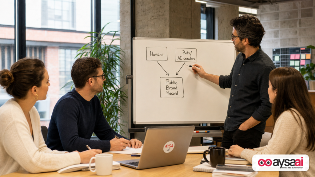 A team maps how humans and AI crawlers can access the same public brand record via different delivery paths.