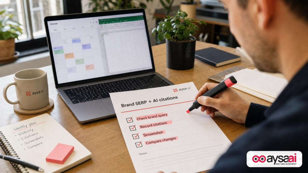A weekly checklist for monitoring AI citations on branded search results.