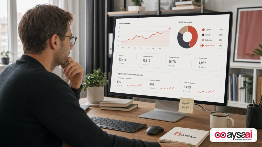 Analyst reviewing a dashboard and highlighting uncertainty in traffic attribution from AI agents.
