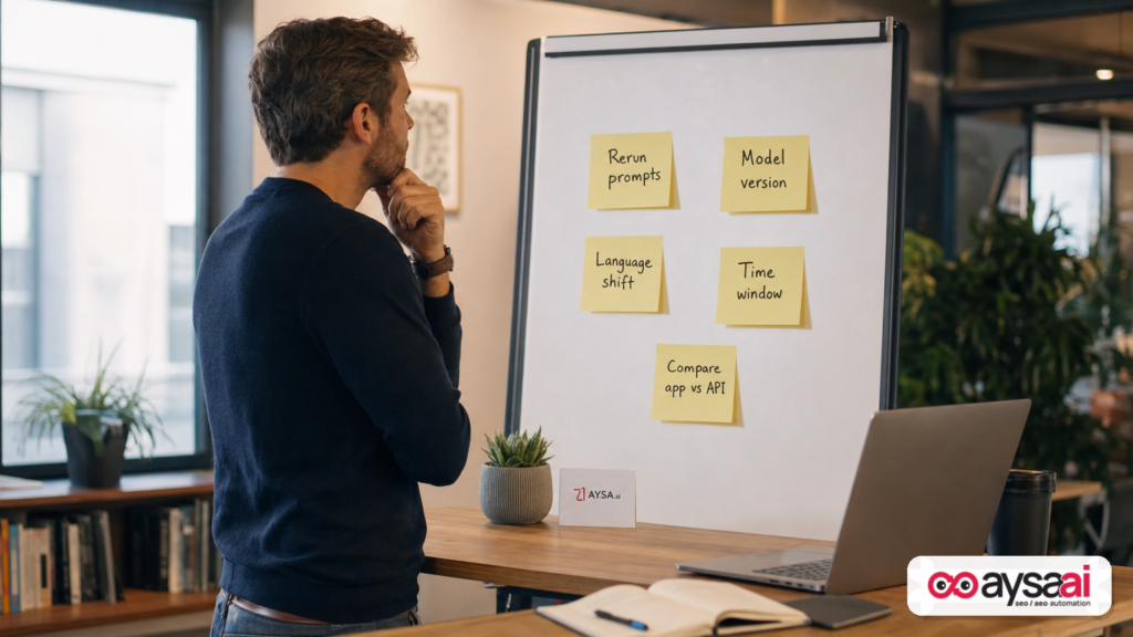 Analyst reviewing a planning board of steps for AI citation tracking.