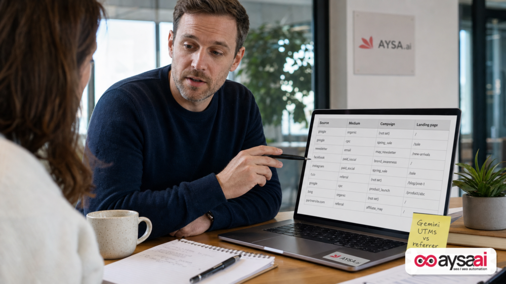 Analyst reviewing a traffic attribution table comparing Gemini UTM parameters to referrer-based tracking.