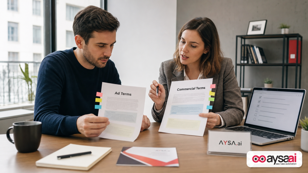 Business owner and marketer comparing two sets of platform terms while planning a website crawling policy response.