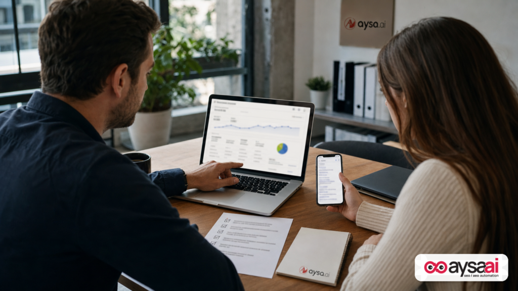 Business owner and marketer validating search performance using multiple devices and a checklist.