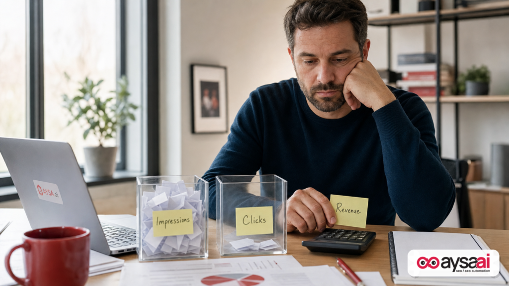 Business owner comparing many impressions to fewer clicks using a physical metaphor on a desk.