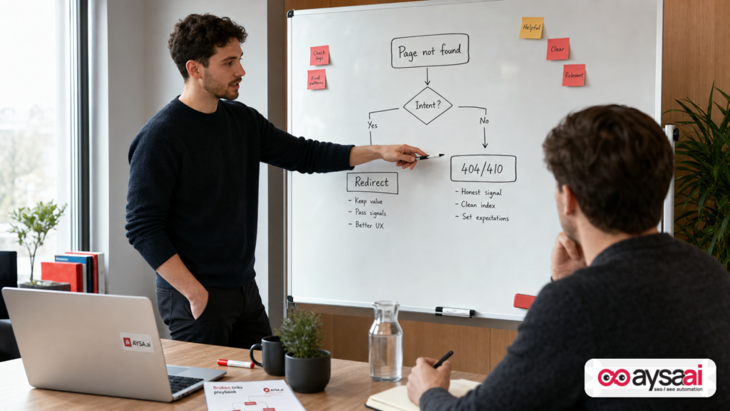 Business owner pointing to a whiteboard flowchart about redirecting or returning 404/410.