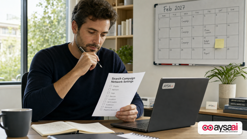 Business owner reviewing a February 2027 campaign settings checklist and calendar reminder