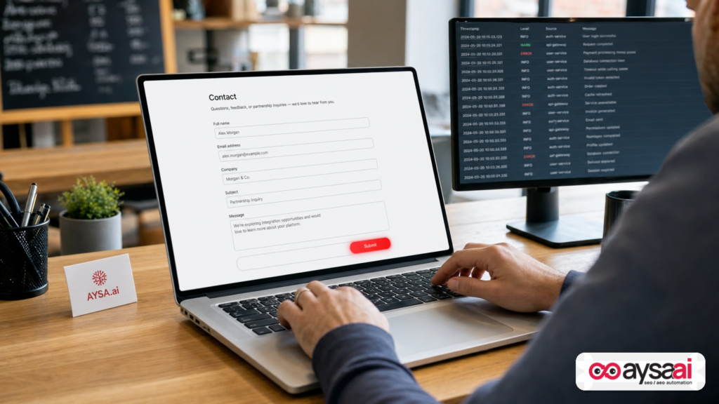 Business owner reviewing a website form submission workflow while monitoring logs, illustrating agentic AI risks.