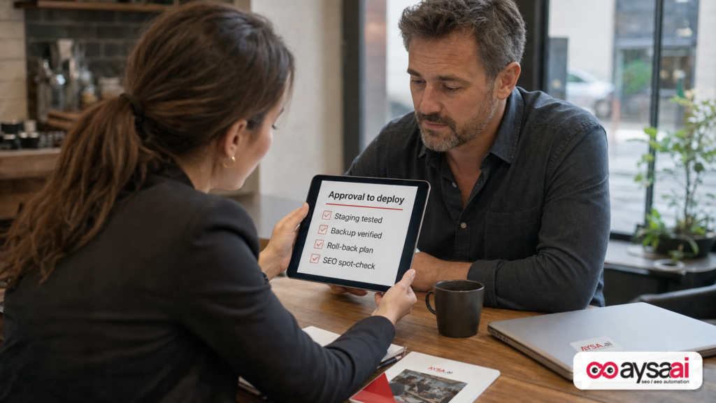 Business owner reviewing an approval checklist before deploying website updates