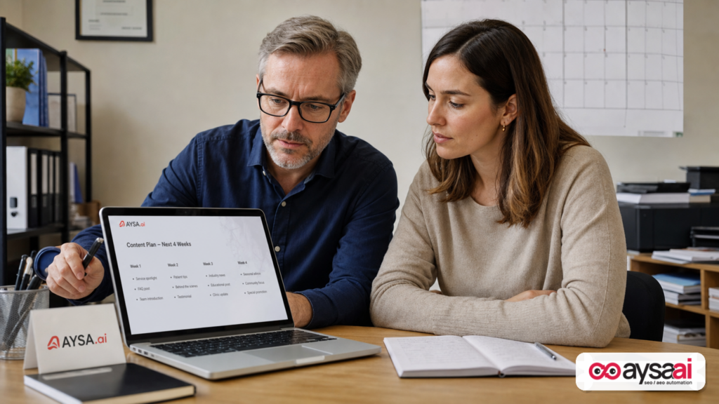 Clinic manager and marketer reviewing an AI search content plan to win citations.