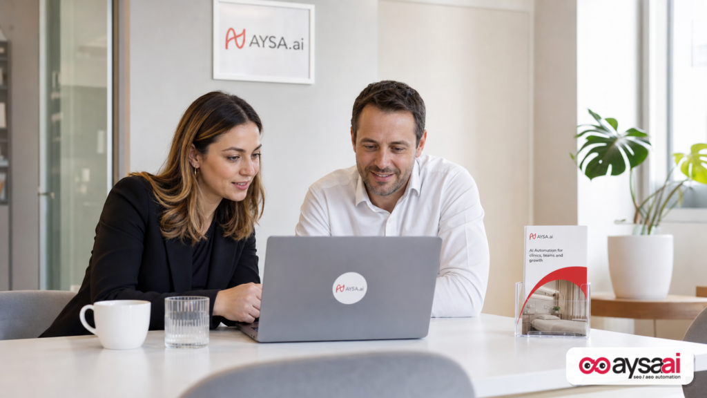 Clinic manager and marketer reviewing content plan on a laptop in a small office.