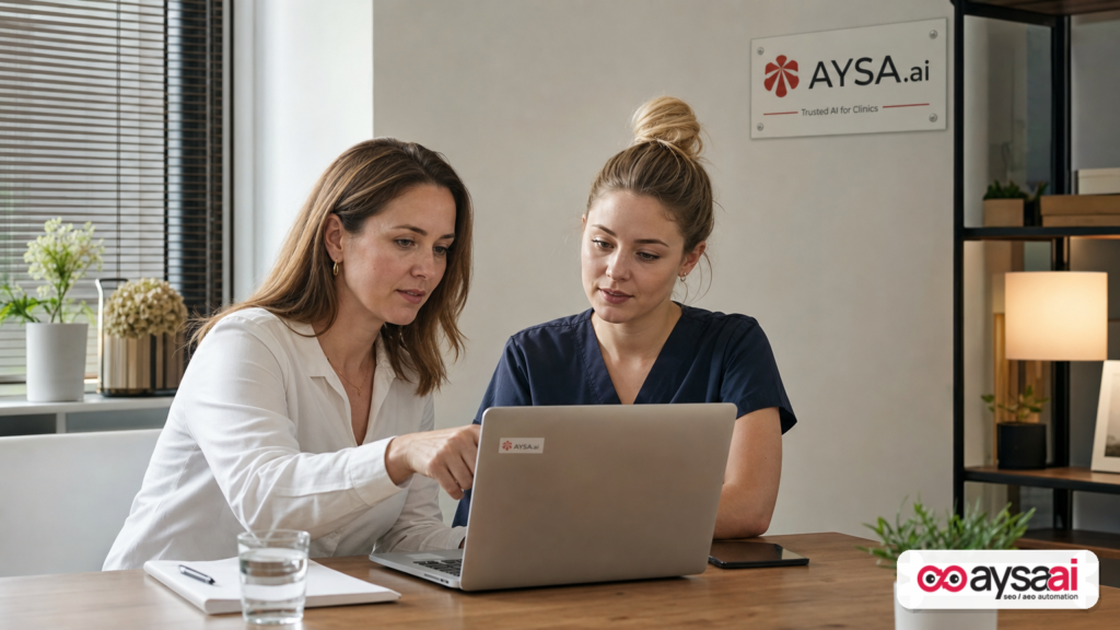 Clinic manager and staff reviewing a service page draft for visibility in AI conversations.