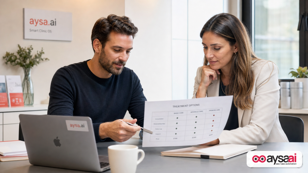 Clinic manager reviewing a comparison sheet with a marketer to help patients choose services.