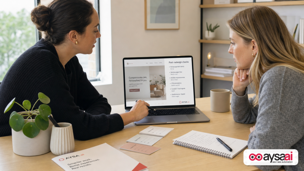Clinic manager reviewing a website post-redesign checklist on a laptop with a marketer.