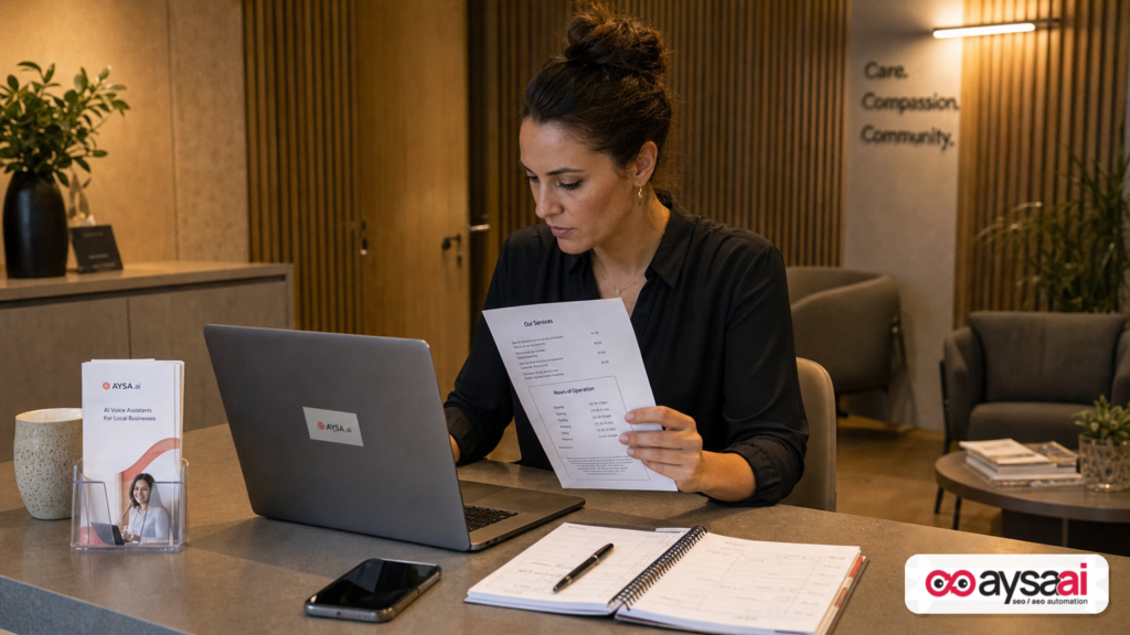 Clinic manager reviewing online business information and AI-related visibility notes at a reception desk.