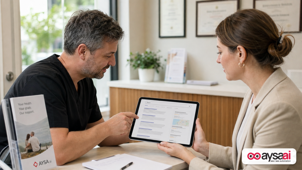 Clinic owner reviewing online content trust signals with a consultant.