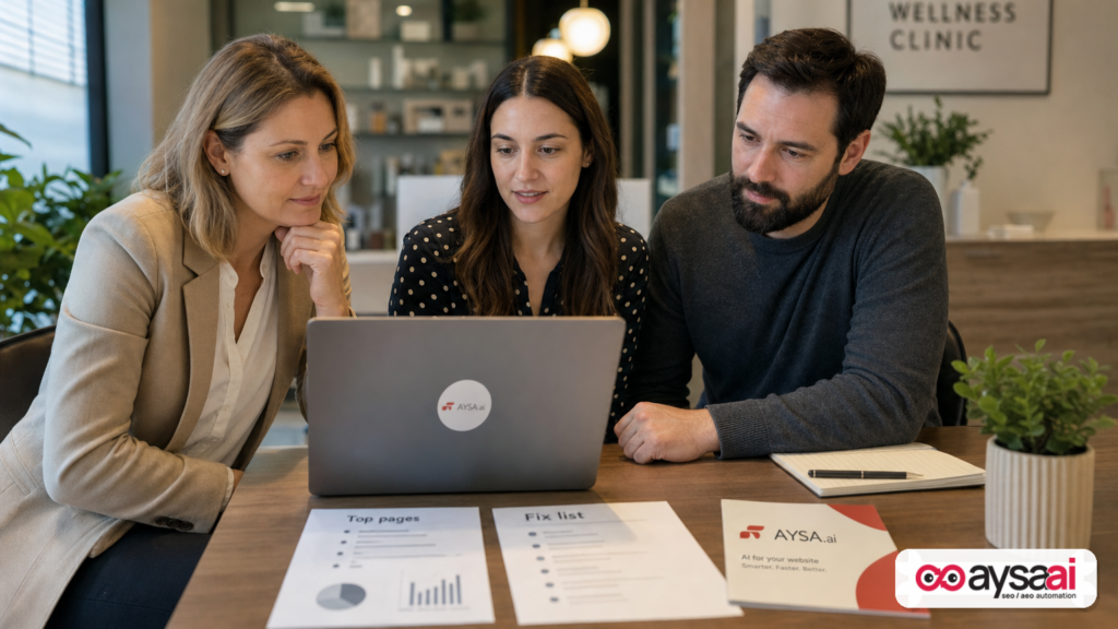 Clinic team reviewing a prioritized technical SEO fix list to restore AI search visibility.