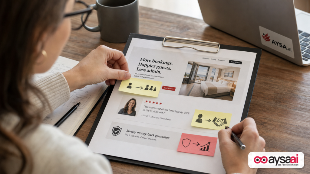 Compliance reviewer marking a landing page to show how headline, testimonials, and guarantee create an overall impression.