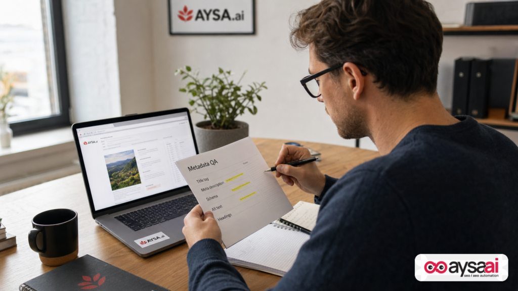 Content editor reviewing AI-written page draft with a metadata QA checklist for title, meta description, schema, and alt text.