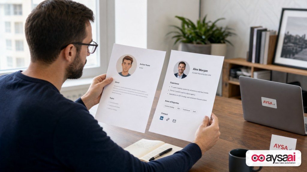 Content manager comparing a weak author bio versus a credible author bio with real experience signals.