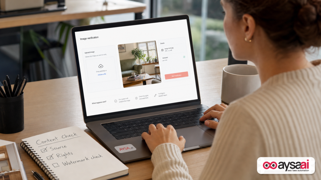 Content marketer verifying an image file for an invisible AI watermark before publishing.