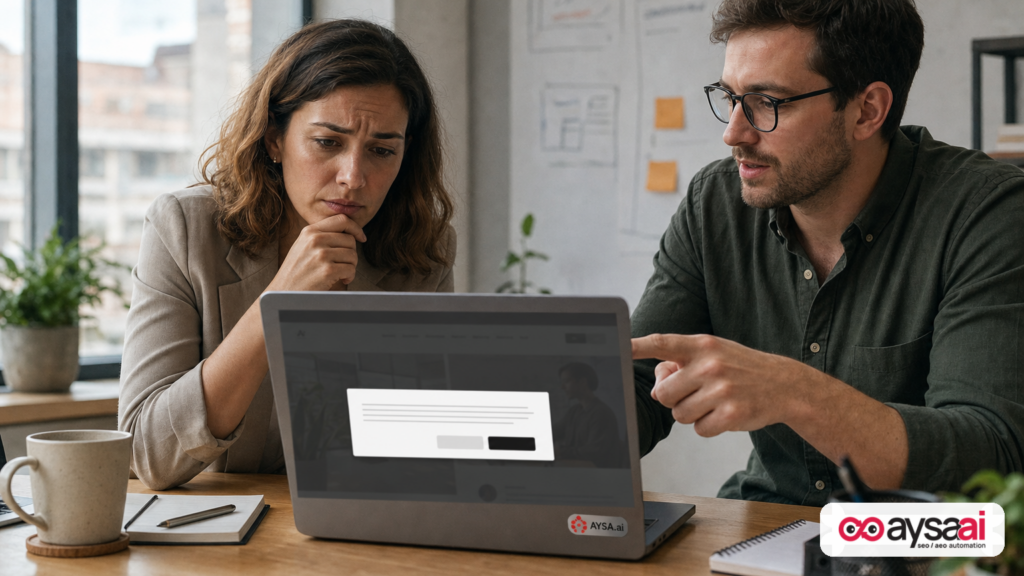 Cookie consent pop-up blocking website content while a business owner and developer review the issue.