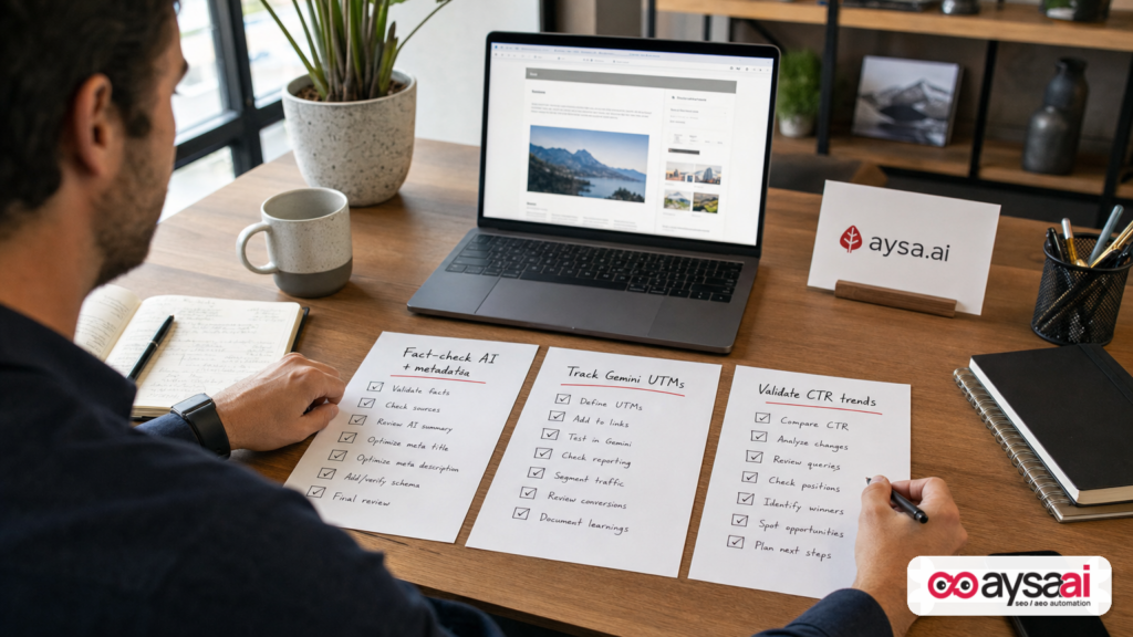 Desk checklists for fact-checking AI content, tracking Gemini UTM clicks, and validating CTR trends.
