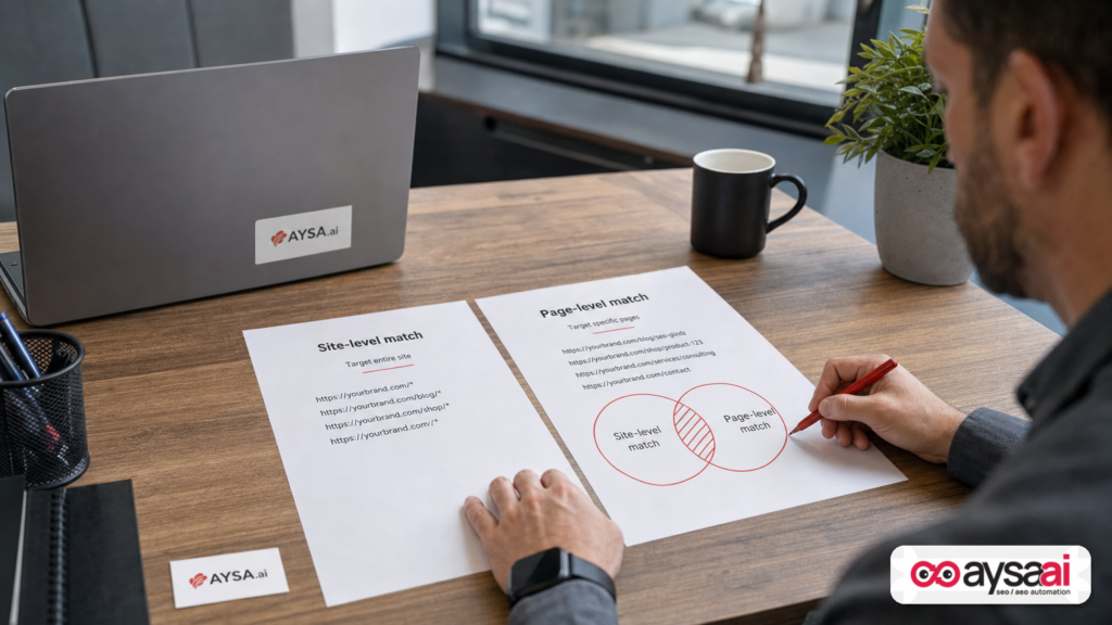 Desk scene illustrating site-level vs page-level citation matching with simple paper diagrams.