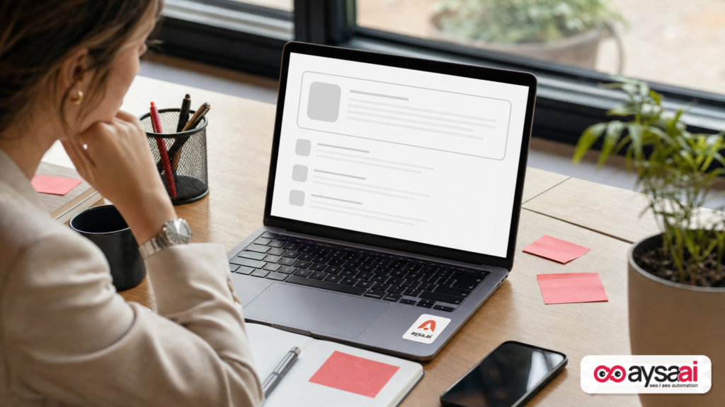 Desk scene showing a generic search results layout where an AI-style summary occupies the top of the page.