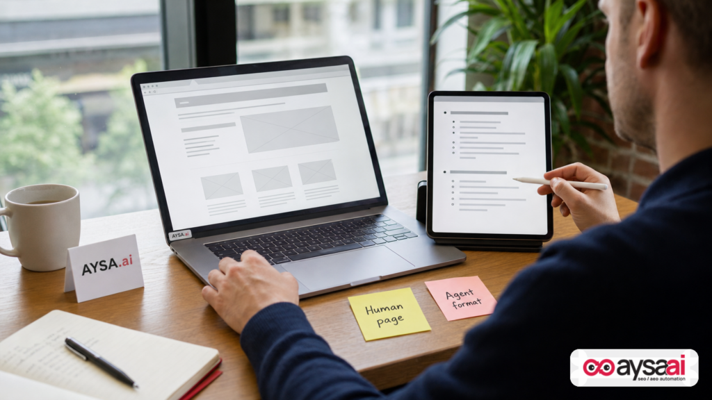 Desk scene showing a human-facing page and a simplified agent format side by side to illustrate AI search optimization.