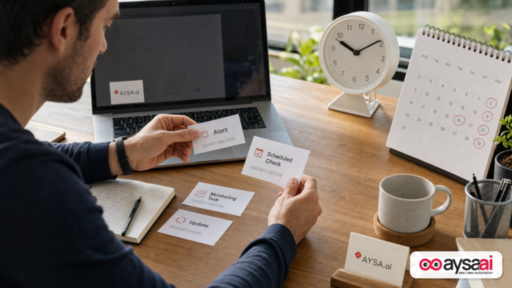 Desk scene showing recurring alerts and monitoring tasks represented by simple labeled cards and a calendar.