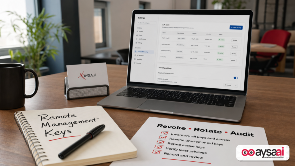 Desk scene with a checklist about revoking and rotating remote management keys, next to a laptop with generic settings.