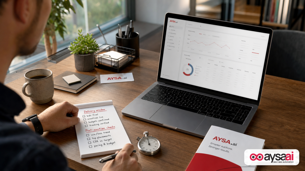 Desk scene with stopwatch and checklist representing ad delivery deadlines and post-auction checks.
