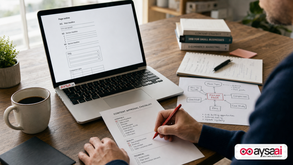 Desk workflow showing structured page outline, diagram, and approval checklist for shipping AI-assisted content safely.
