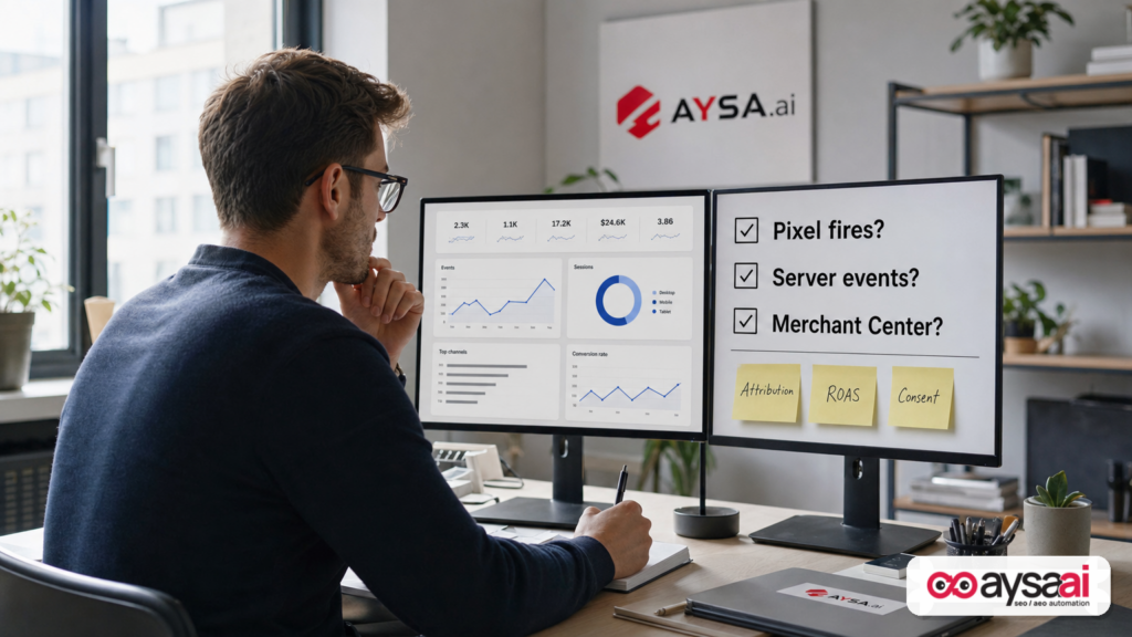 Ecommerce analyst comparing analytics charts and a checklist about pixel firing and attribution.