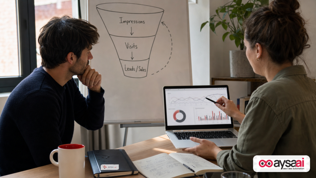 Ecommerce manager comparing rankings to a simple funnel of impressions, visits, and sales