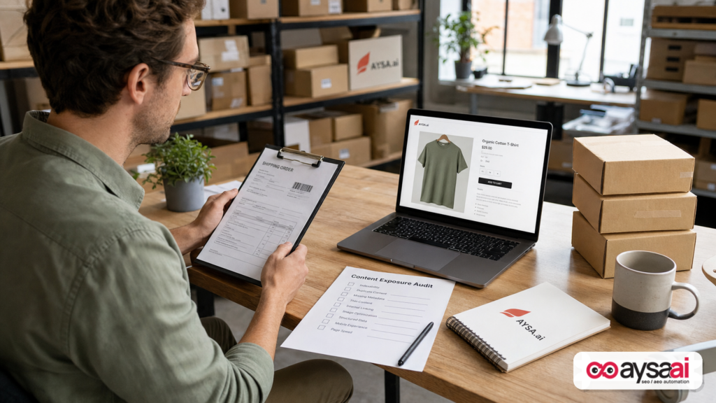Ecommerce operator reviewing a product page and a content audit checklist in a small warehouse office.