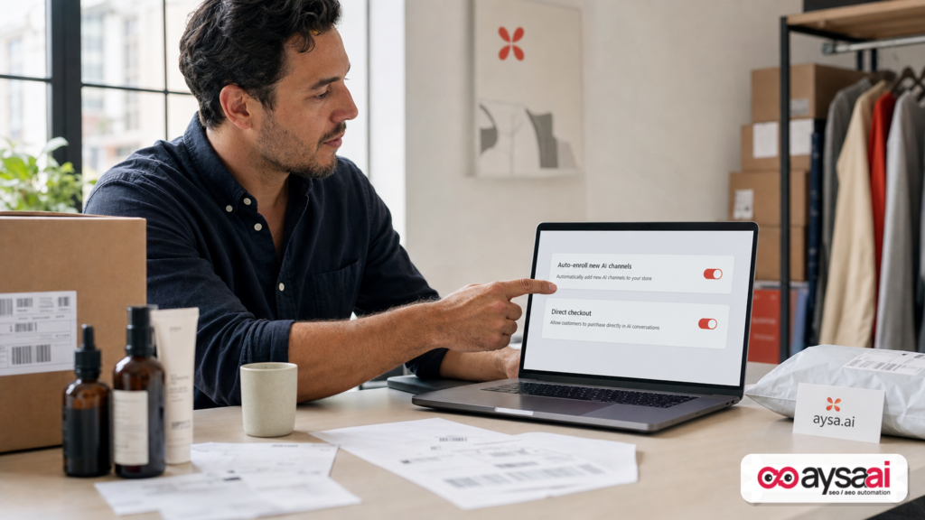 Ecommerce operator reviewing auto-enroll and direct checkout settings for AI shopping channels.