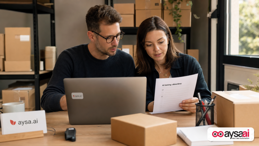 Ecommerce owner deciding AI training preferences while reviewing product pages.