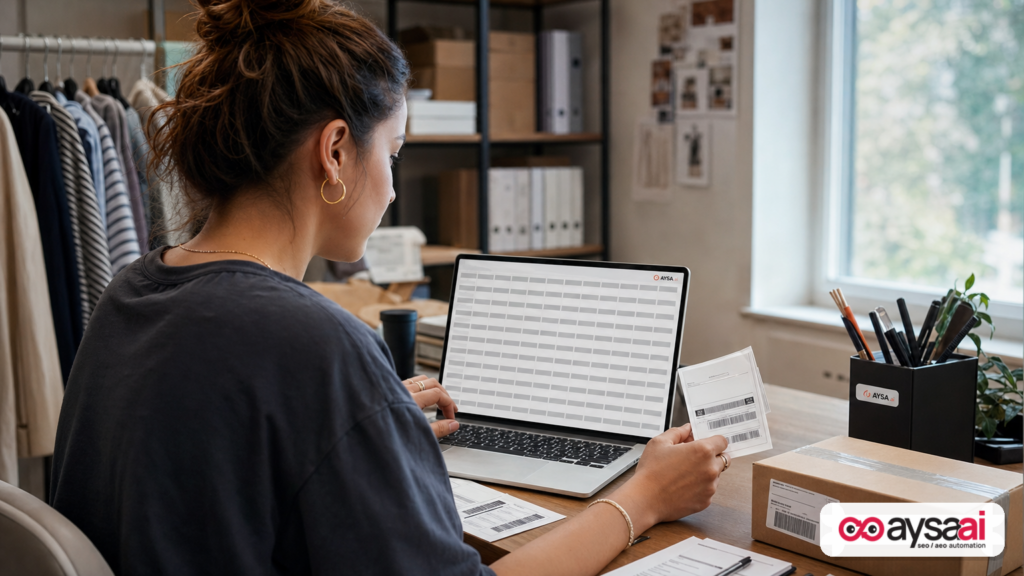 Ecommerce specialist managing product data and fulfillment materials at a desk.