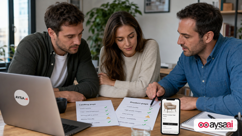 Ecommerce team comparing performance of a landing page versus follow-up product page navigation.