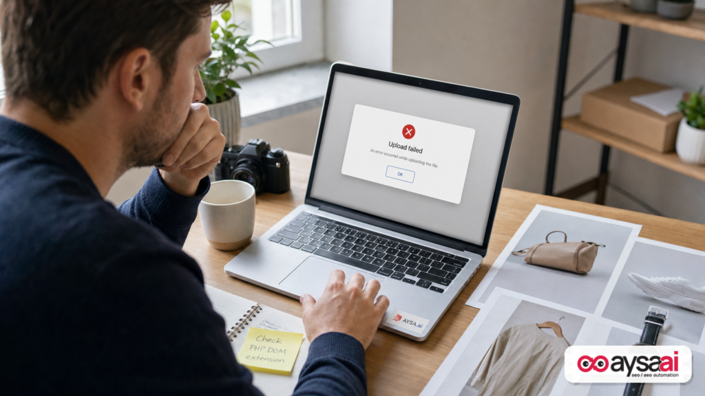 Ecommerce team member facing an upload failed message while preparing product photos