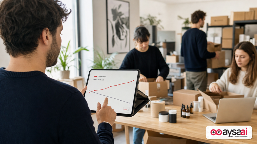 Ecommerce team reviewing analytics after seeing Direct traffic rise while AI referral attribution drops.