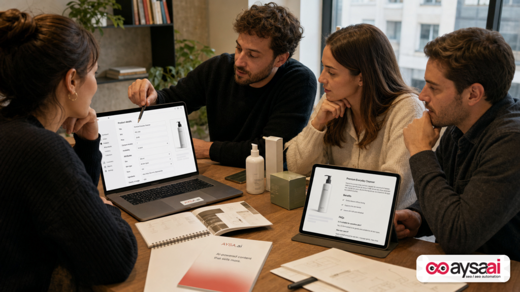 Ecommerce team reviewing product feed fields and a product page layout together.