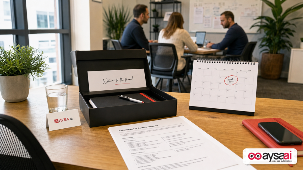 Empty desk set up for a junior marketing hire, illustrating an unfilled seat in a 2027 SEO team plan.