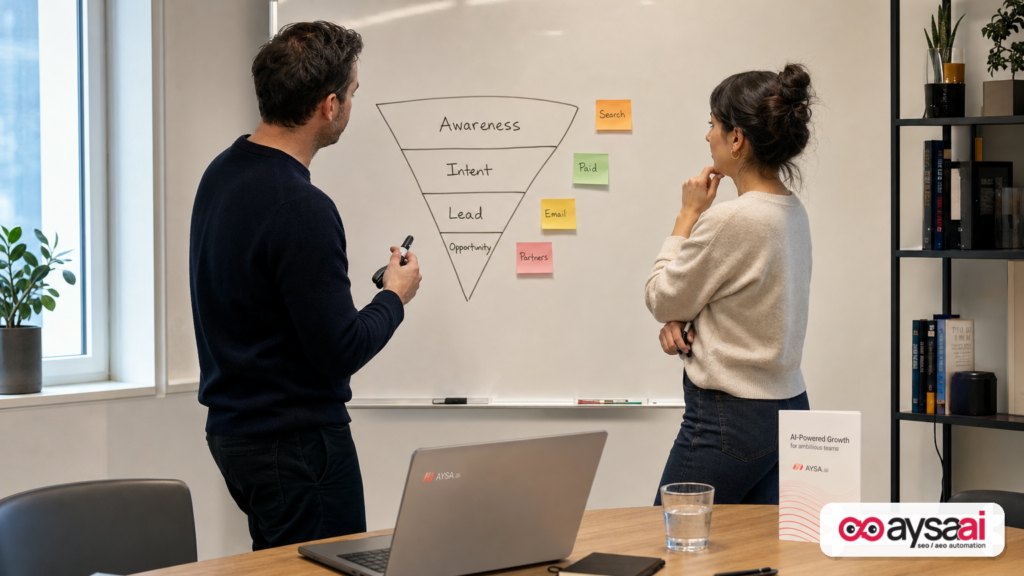 Founder and marketer reviewing a simple funnel model to prove channel impact on revenue.