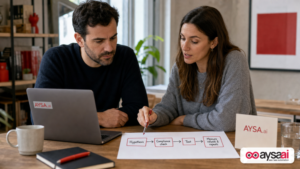 Founder and marketer reviewing a trust-first A/B test plan that includes compliance review and downstream metrics.
