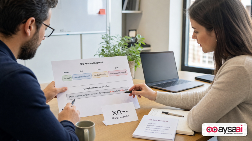 Founder and marketer reviewing simplified URL structure printouts including percent-encoding and an xn-- punycode note.