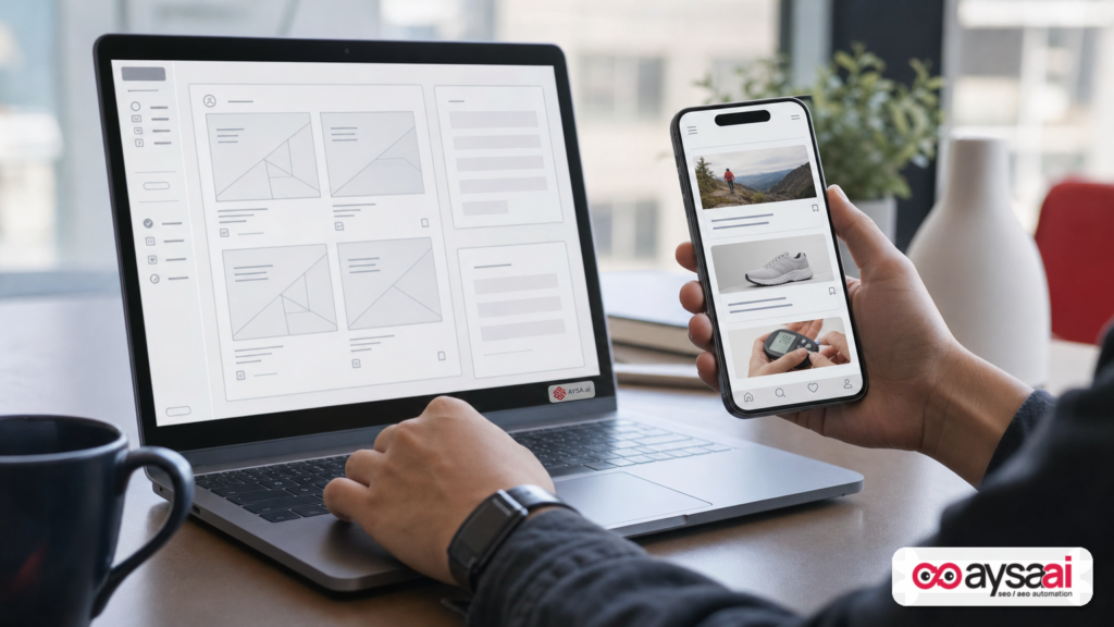 Founder reviewing a generic concierge-style content feed concept on a phone next to a laptop.