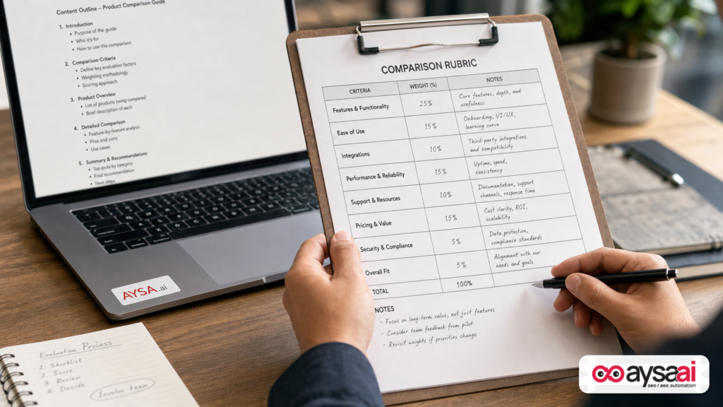 Hands building a comparison rubric with criteria and notes for a buyer-focused comparison page.